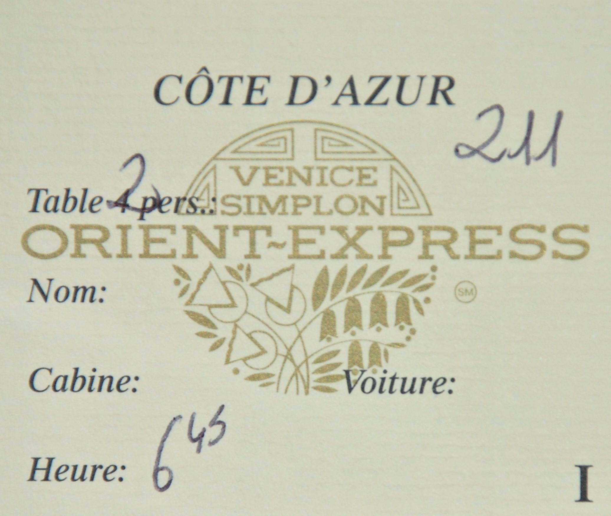 Our dining reservation card on the Venice Simplon-Orient-Express
