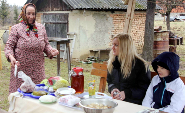 The co-author and her son Kirell enjoy a typical Ukrainian breakfast in the Carpathian countryside.