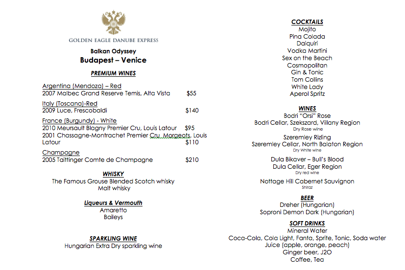 Danube Express Bar Car Menu